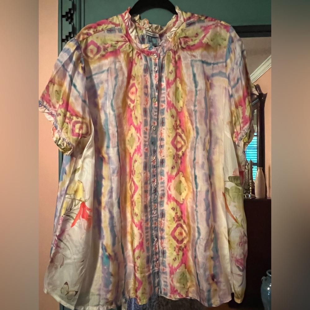 Johnny Was pastel abstract silk blouse